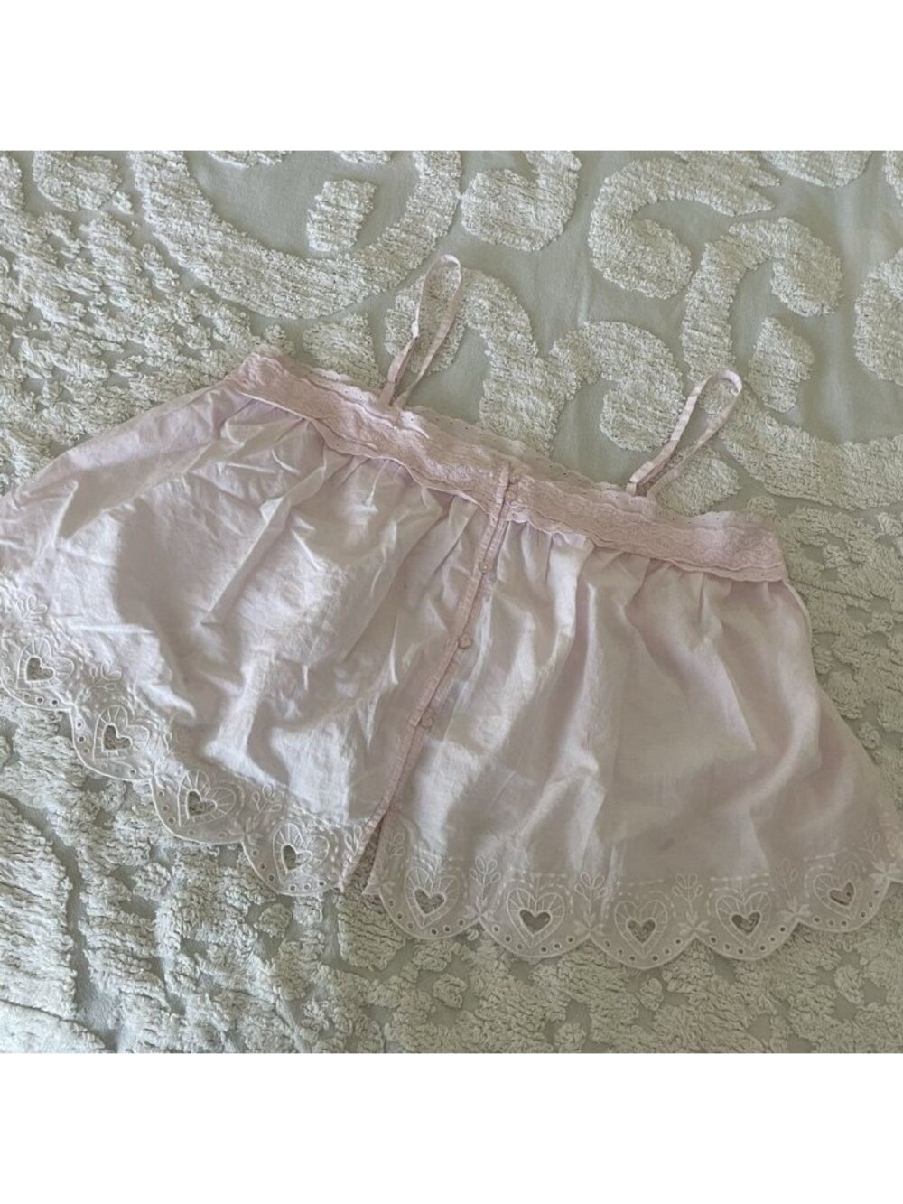 Shabby Chic Cotton Pajama Top Pink Cottagecore Embroidered Hearts Size L